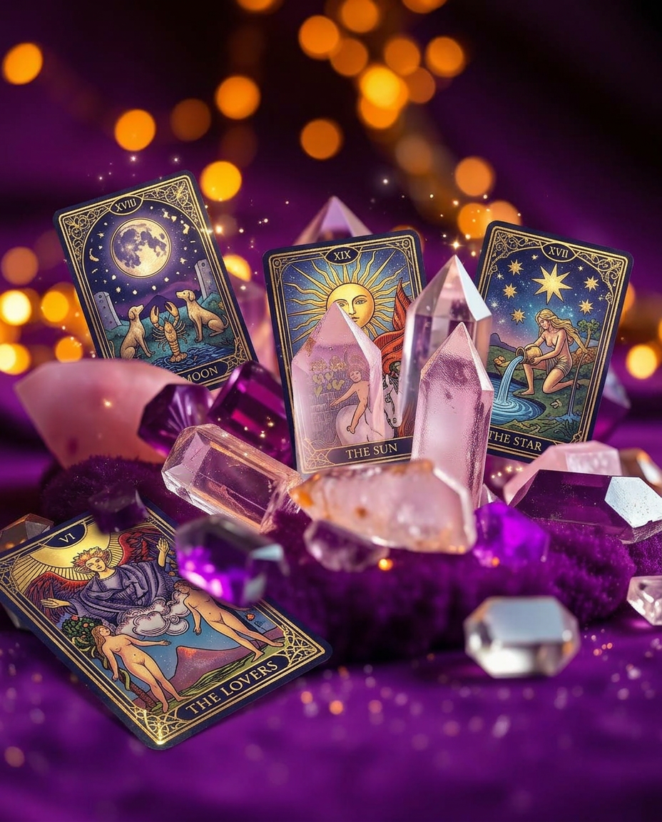 Luminous healing crystals and mystical tarot cards in violet and gold light